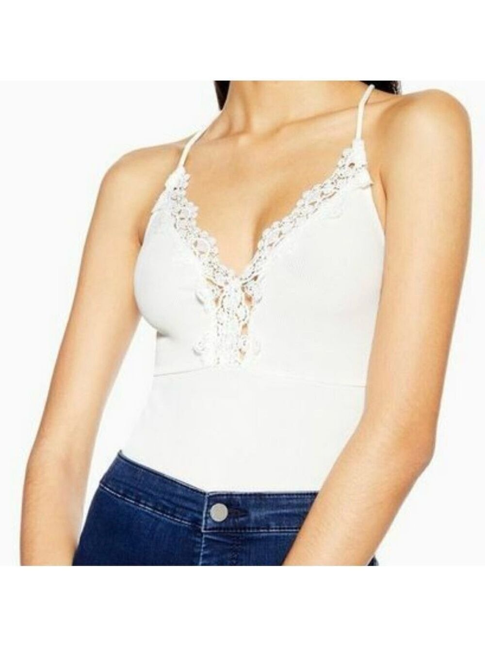 TOPSHOP White Ribbed with Sexy Lace Trim Tank Bodysuit Size 2